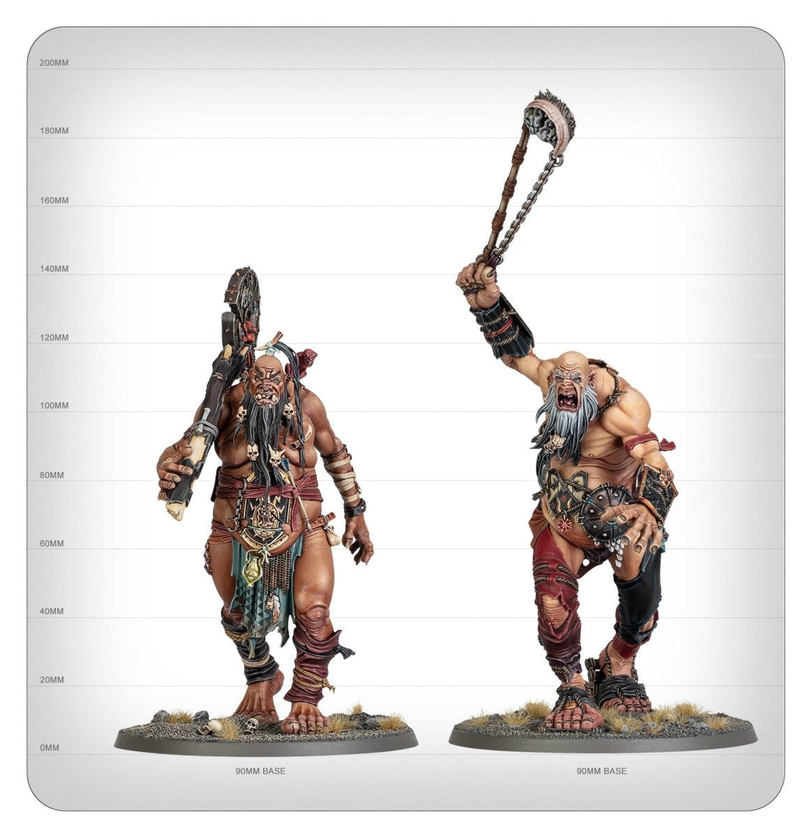 Two painted Boss-Stompers gargants in front of a height scale