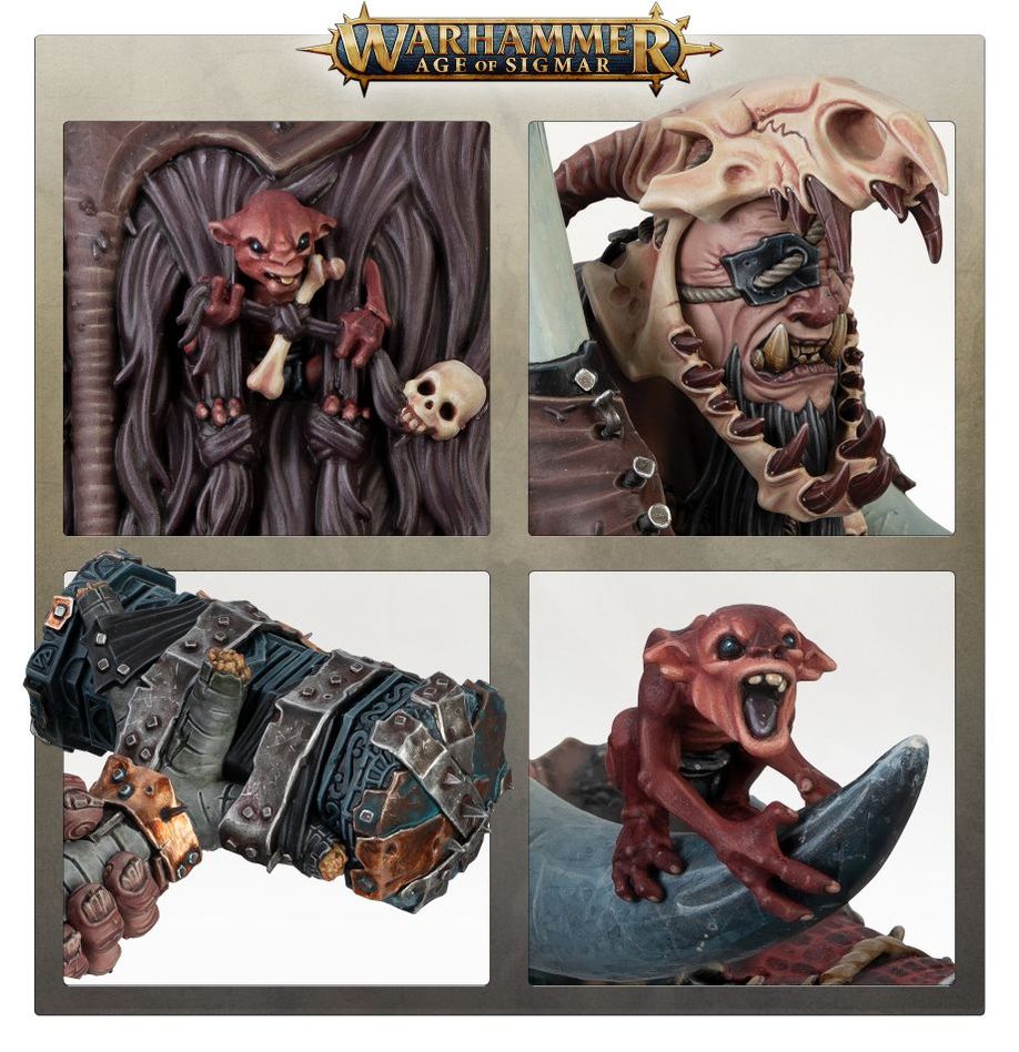 Close-ups of King Brodd's skull-helm, club head and small red creatures on his body