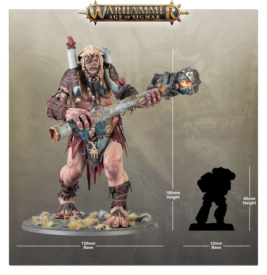 King Brodd size guide, about 180mm tall on a 130mm base beside a Space Marine silhouette