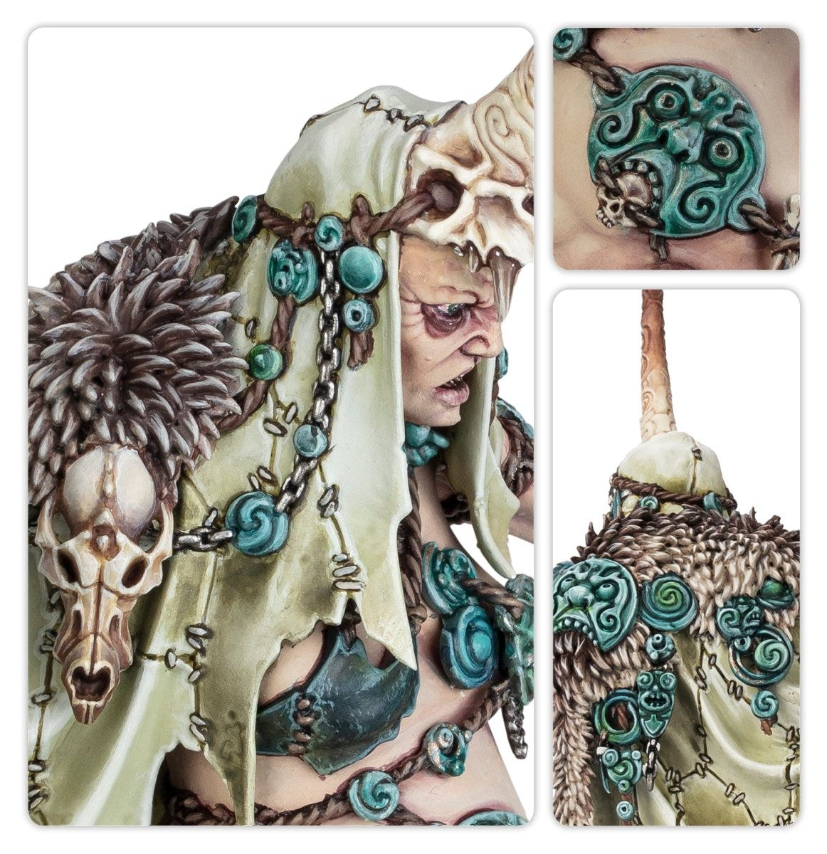 Close-ups of Ma Maegran's hooded face, skull cloak, turquoise charms and staff tip