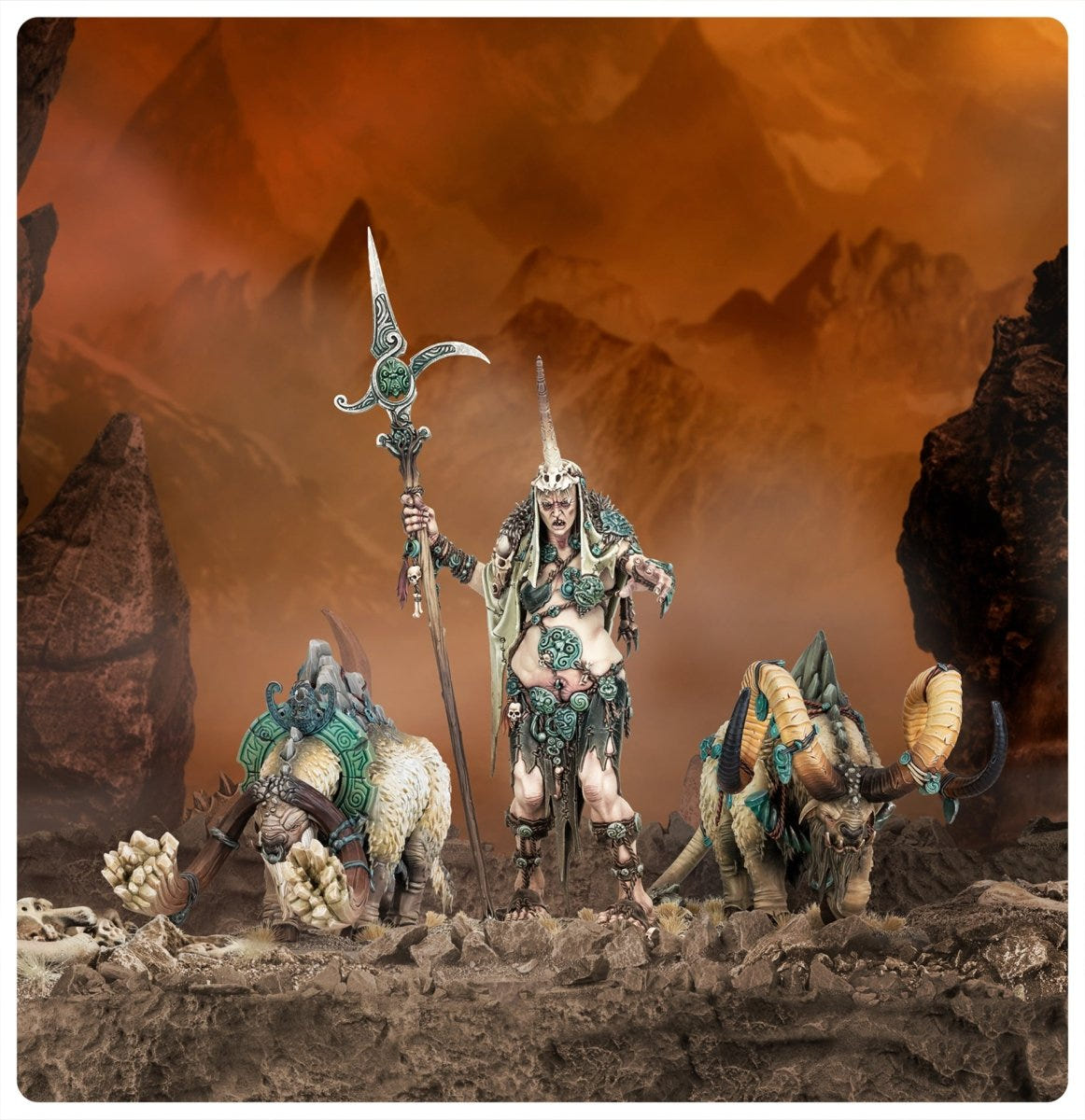 Ma Maegran and her two Ancient Ghyrochs on a rocky orange landscape