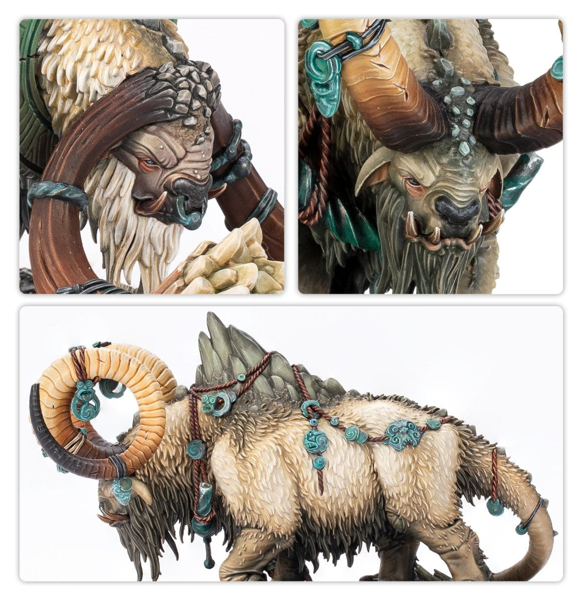 Close-ups of an Ancient Ghyroch's horns, face and shaggy fur with turquoise trinkets