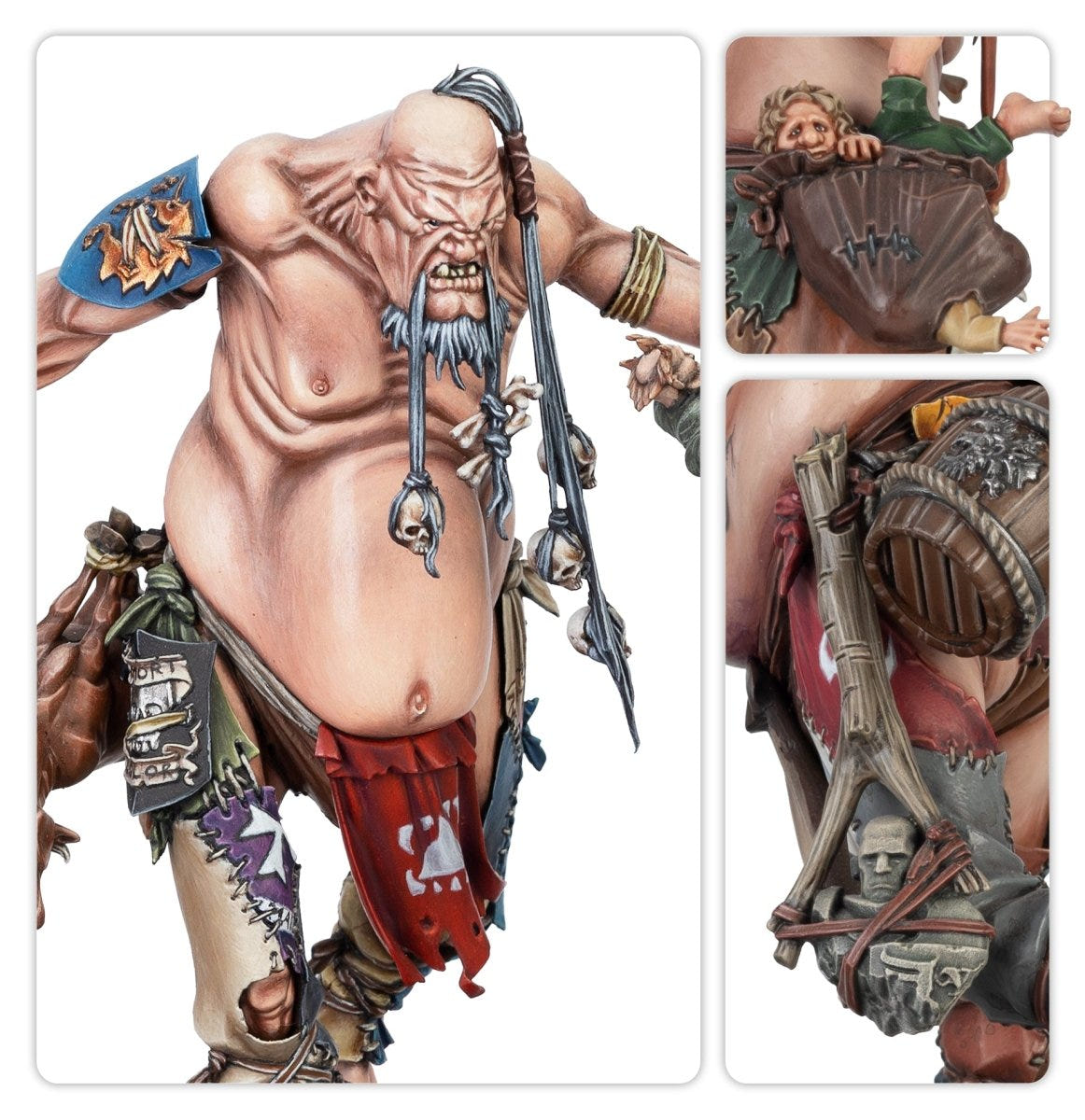 Close-ups of a painted Mancrusher Gargant's belly, loincloth and trophies
