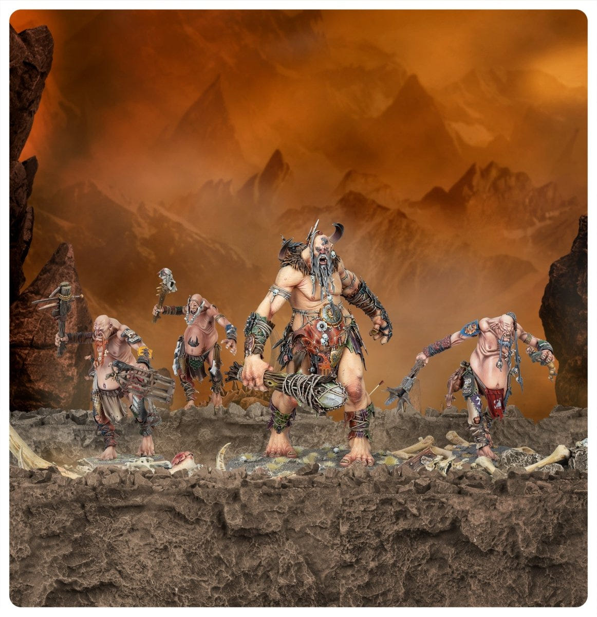 Painted Sons of Behemat Stomper Tribe advancing across a desert battlefield