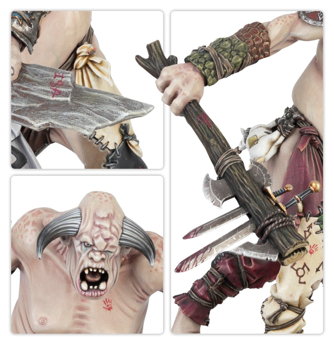 Close-ups of painted Sons of Behemat gargant faces, weapons and belts