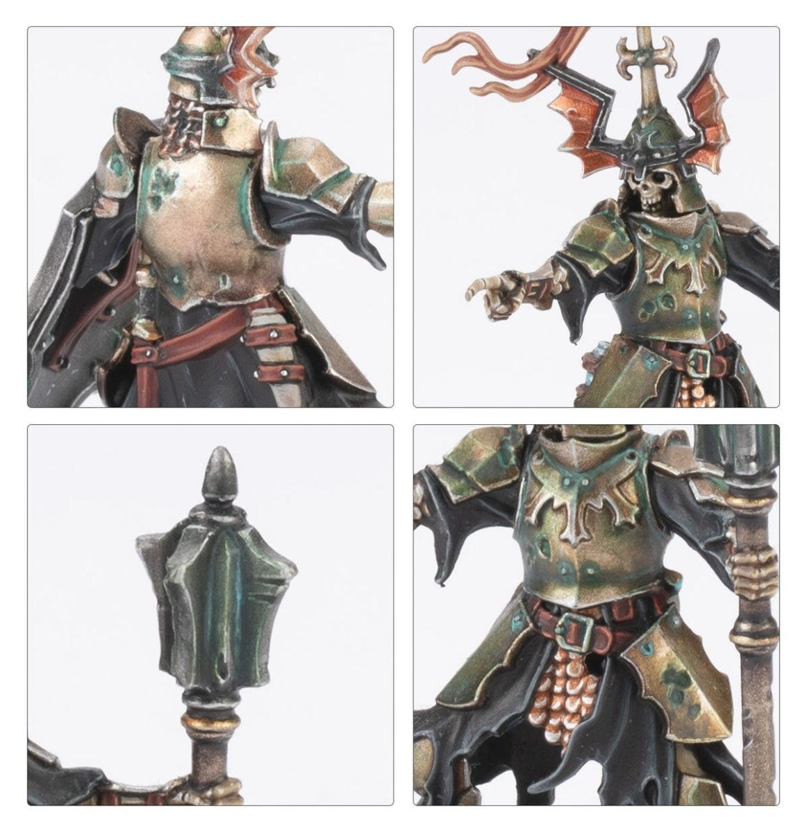 Close-ups of Barrow Guard champion armour, winged helm and mace head