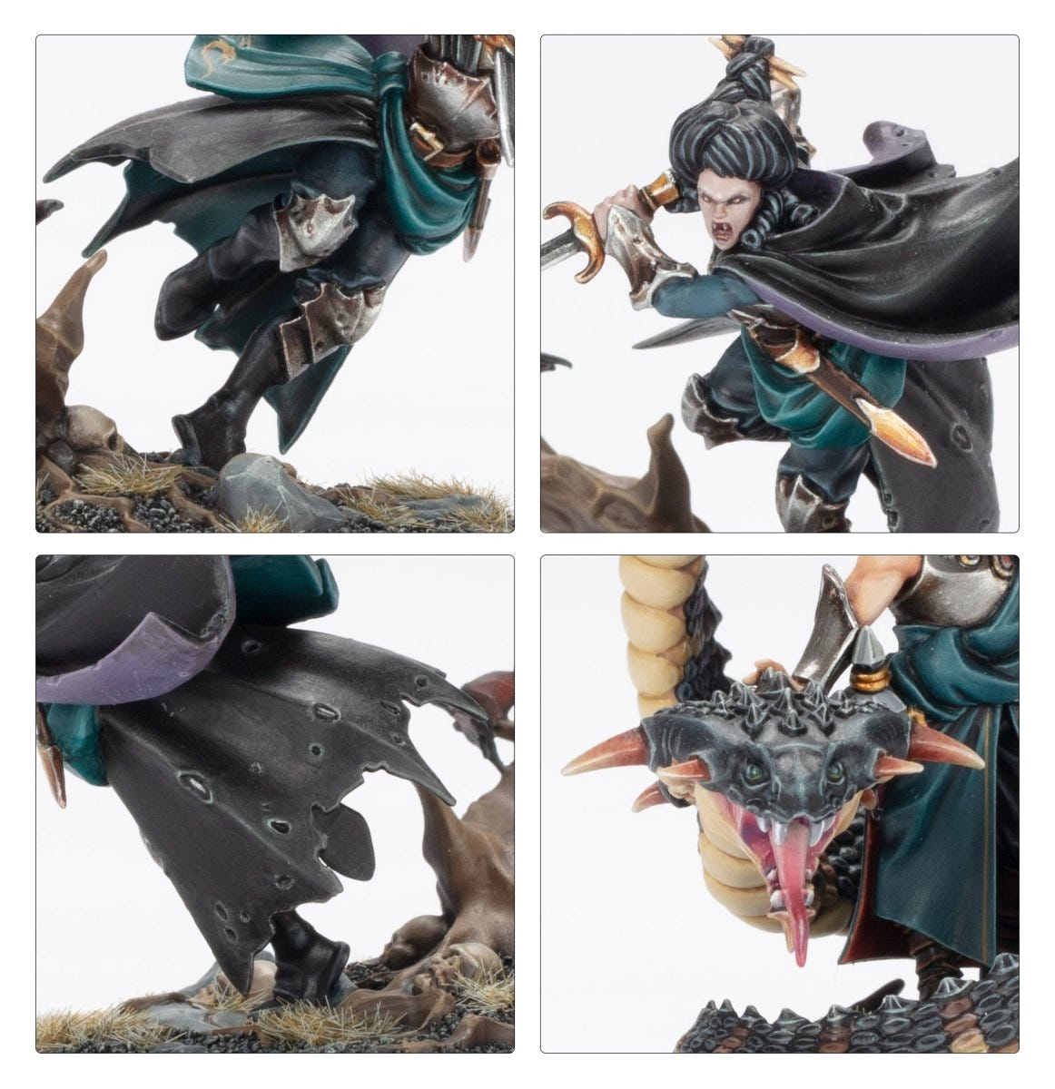 Close-ups of painted cloaks, blades and serpent head from Blades of the Hollow King