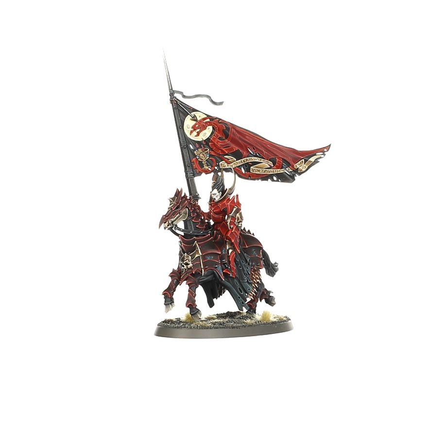 Painted Blood Knights Standard Bearer carrying a crimson banner on horseback