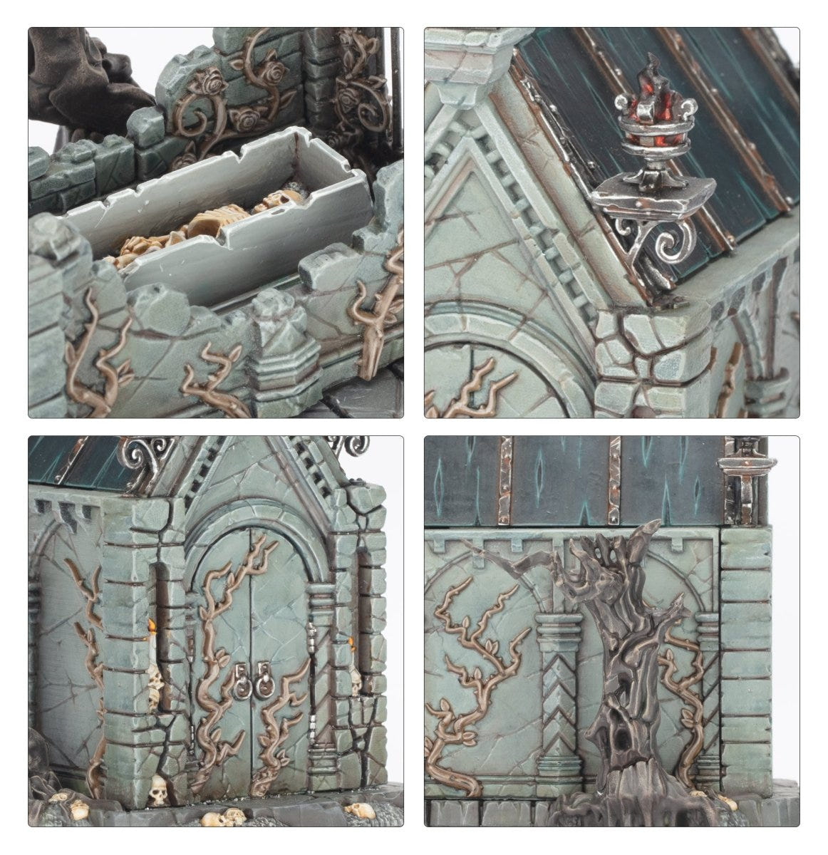 Close-ups of the Cursed Sepulchre: bone-filled coffin, roof brazier, carved door and creeping roots