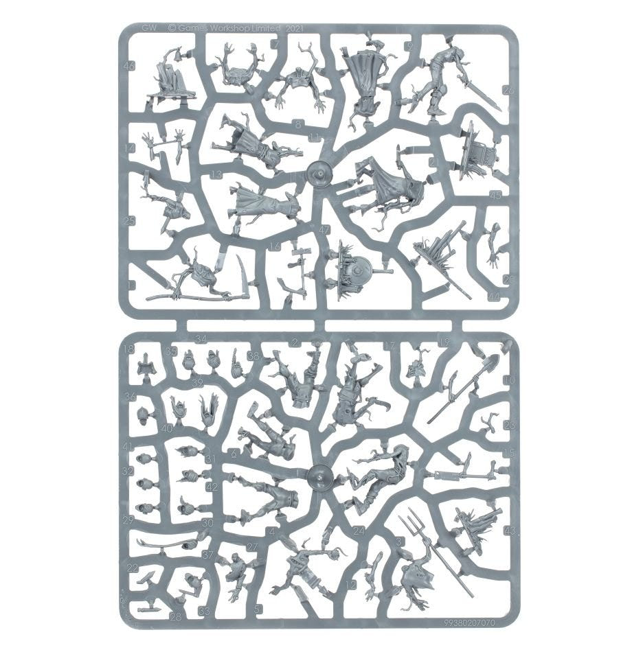 Soulblight Gravelords Deadwalker Zombies unpainted plastic sprue, frame 1 of 2