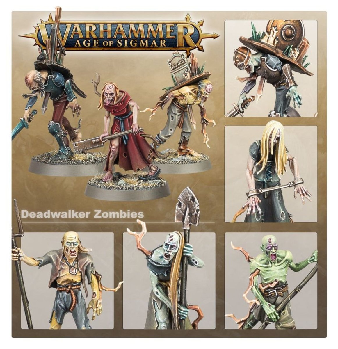 Painted Deadwalker Zombies close-ups on an Age of Sigmar panel, Soulblight Gravelords