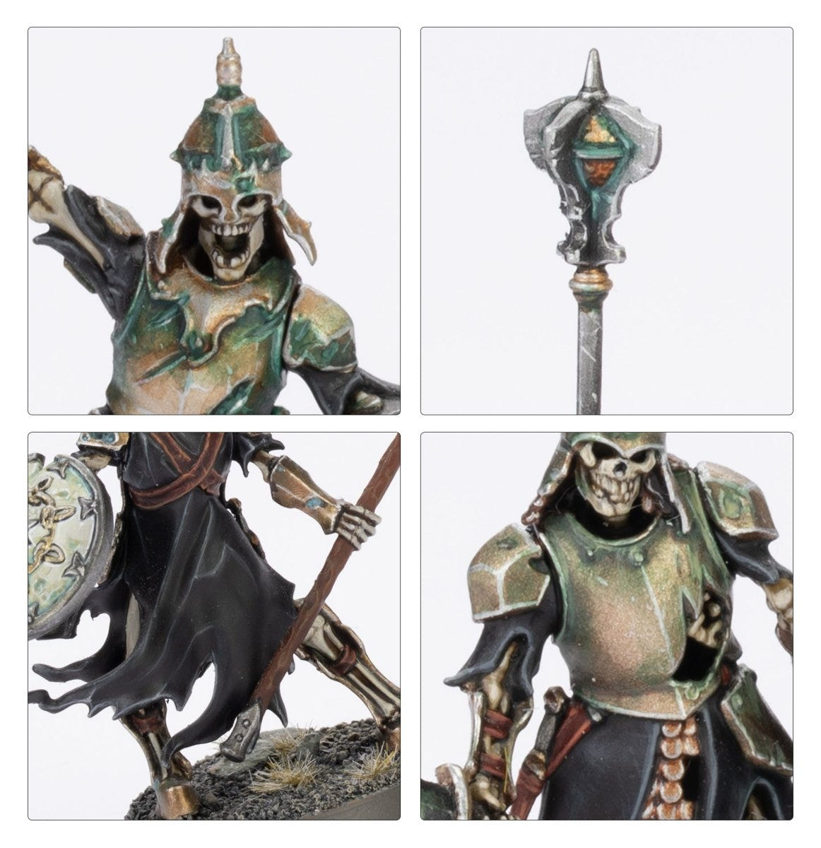 Close-ups of Deathrattle Skeleton helmets, mace head and rusted armour detail