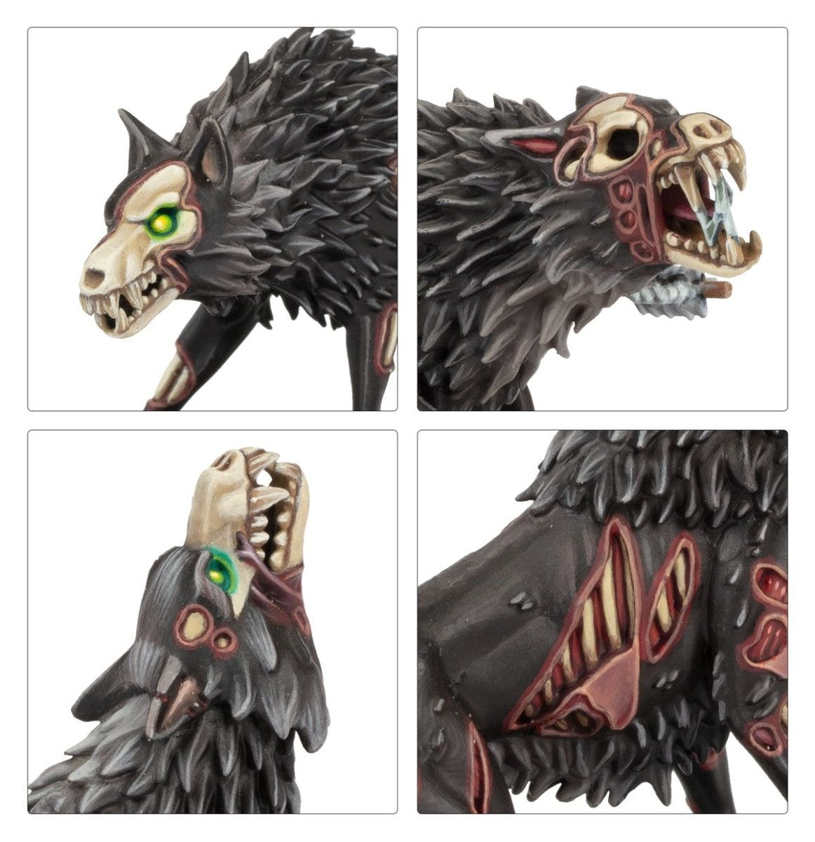 Close-ups of painted Dire Wolf skull heads with glowing green eyes