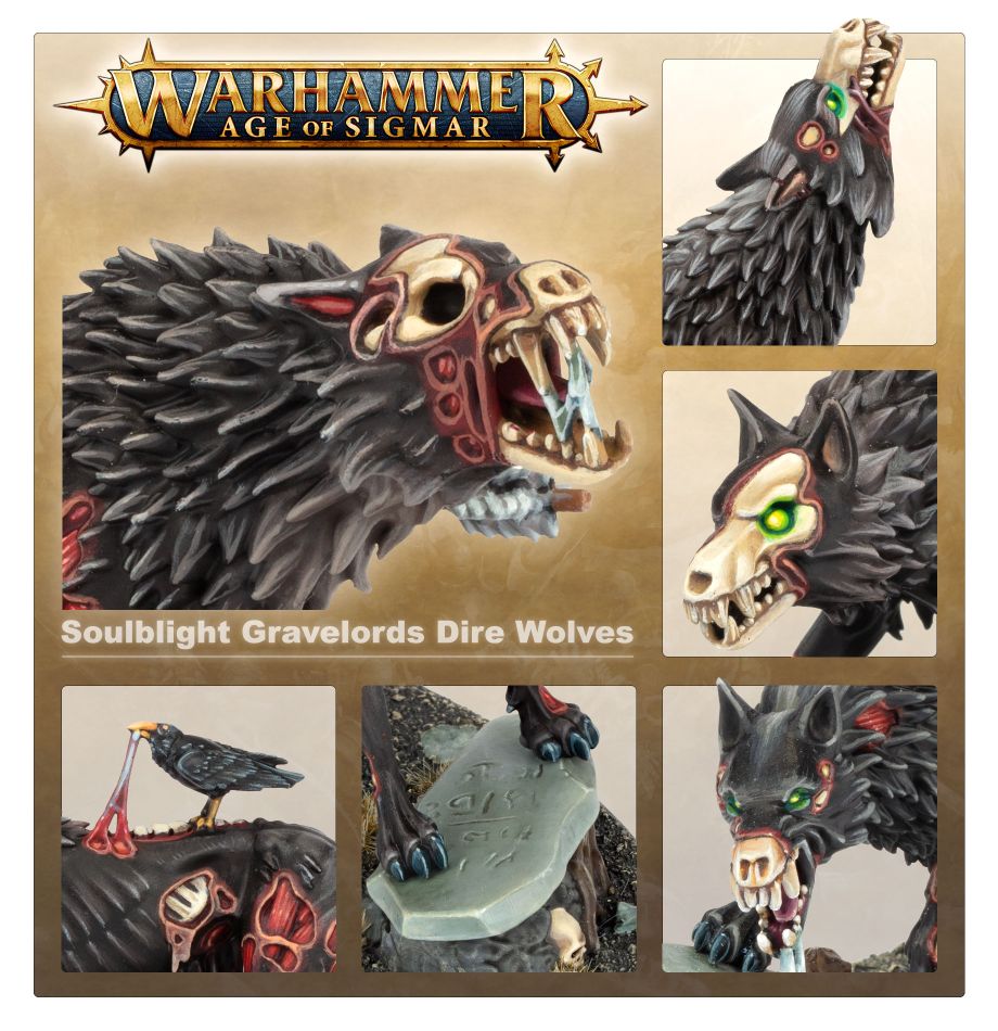 Close-ups of painted Soulblight Dire Wolves, crow and tombstone base detail