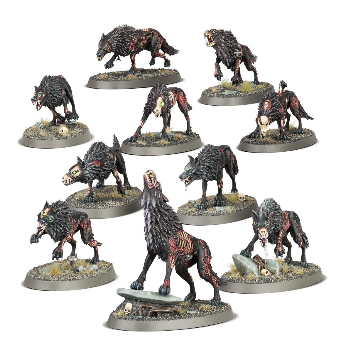 Ten painted Soulblight Gravelords Dire Wolves, alternate group arrangement