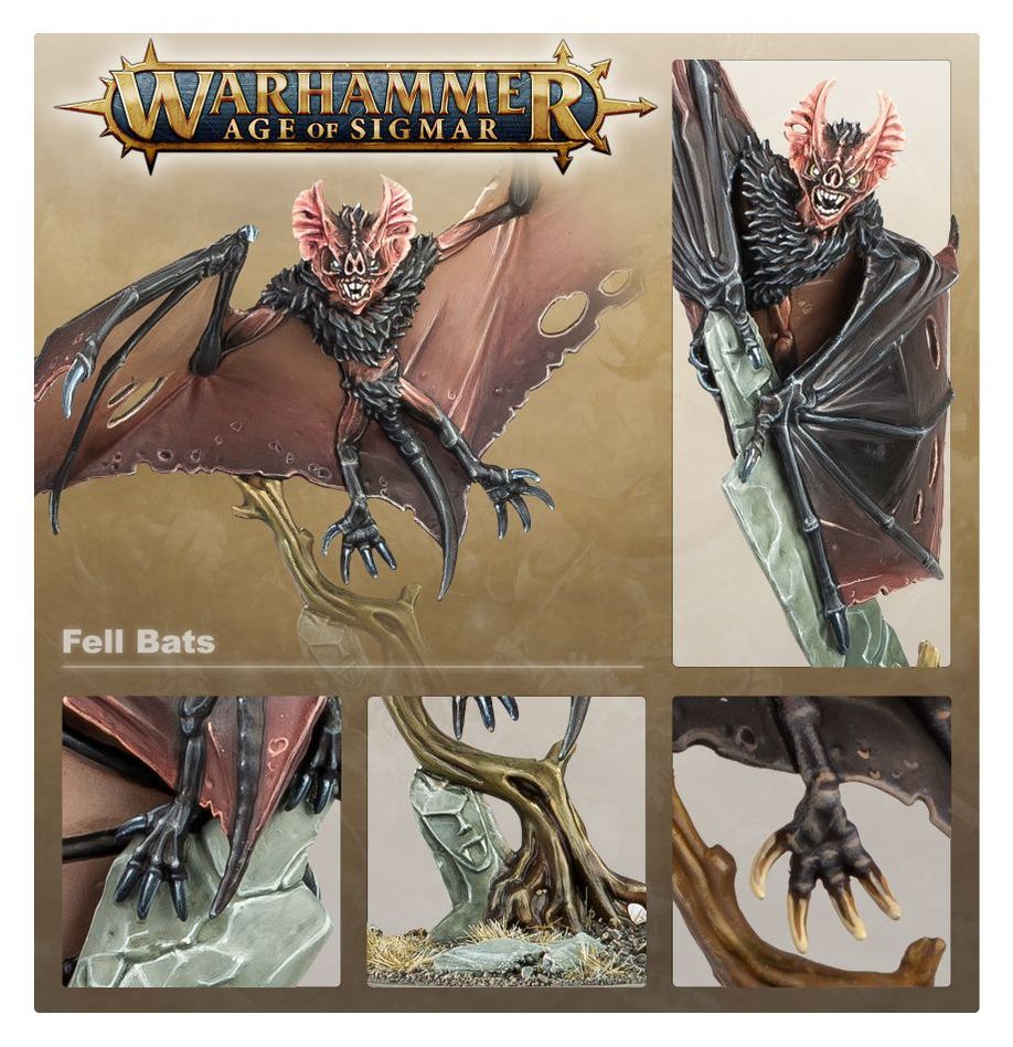 Warhammer Age of Sigmar Fell Bats detail panel with close-ups of the bat head, wings, claws and base