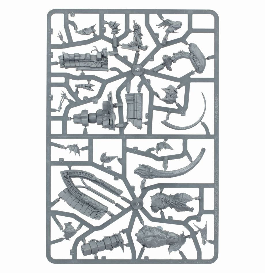 Soulblight Gravelords Lauka Vai unpainted plastic sprue with ruins and body parts, frame 2 of 2