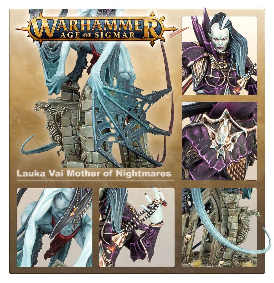 Age of Sigmar Lauka Vai, Mother of Nightmares showcase with close-ups of her face, wings, armour and tail