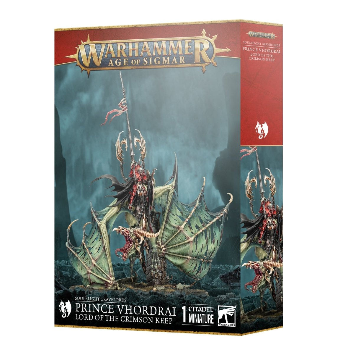 Games Workshop Age of Sigmar Prince Vhordrai, Lord of the Crimson Keep box front with his dragon mount
