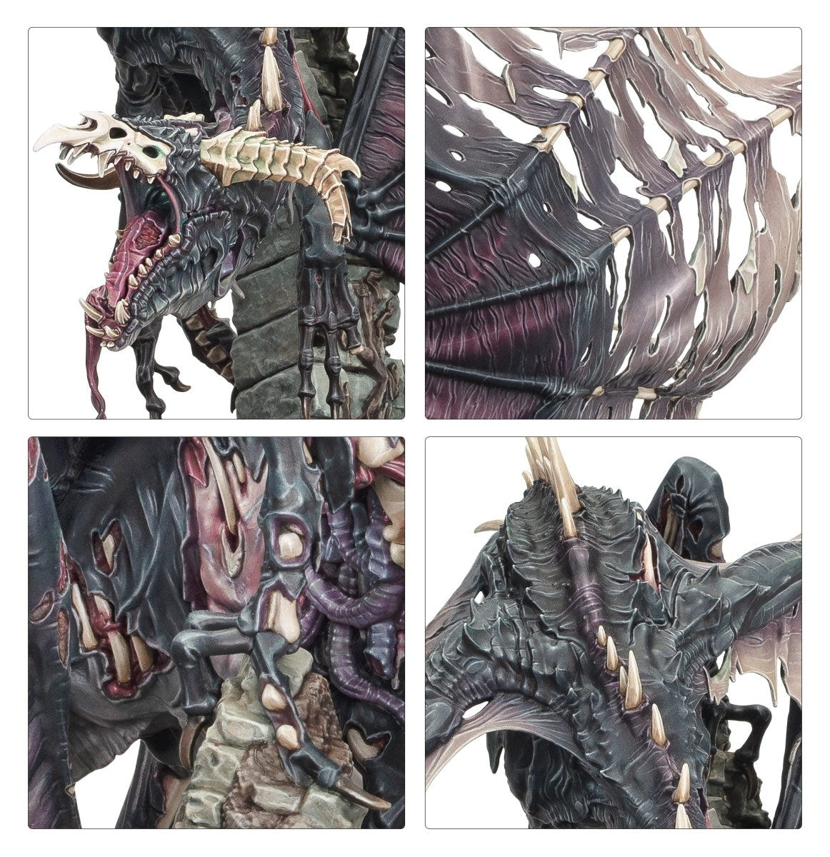 Close-ups of the Draconith Shordemaire's skeletal jaw, wing membranes, ribcage and spined back