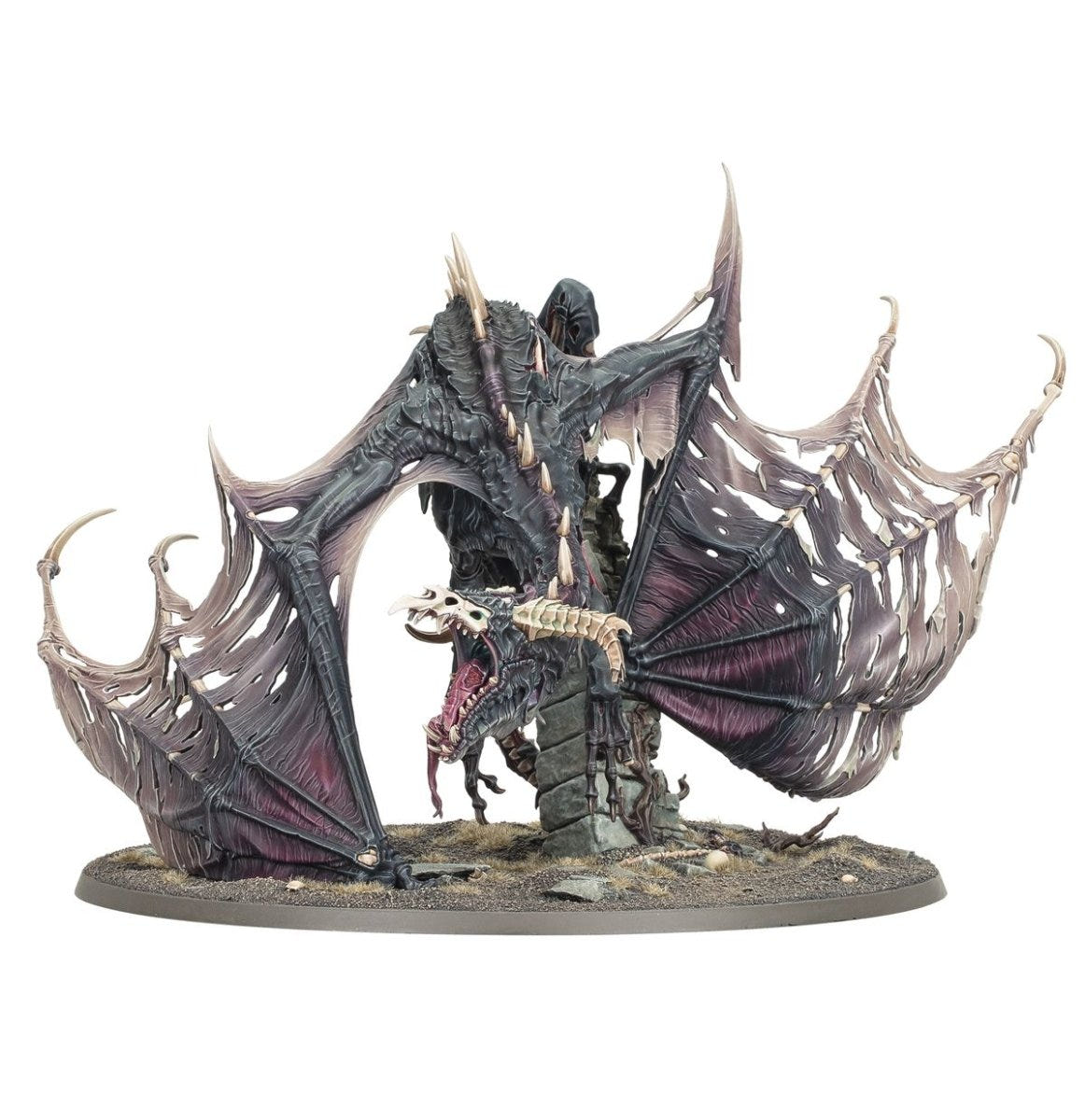 Rear view of the painted Prince Vhordrai model, showing the dragon's dark membranous wings spread wide