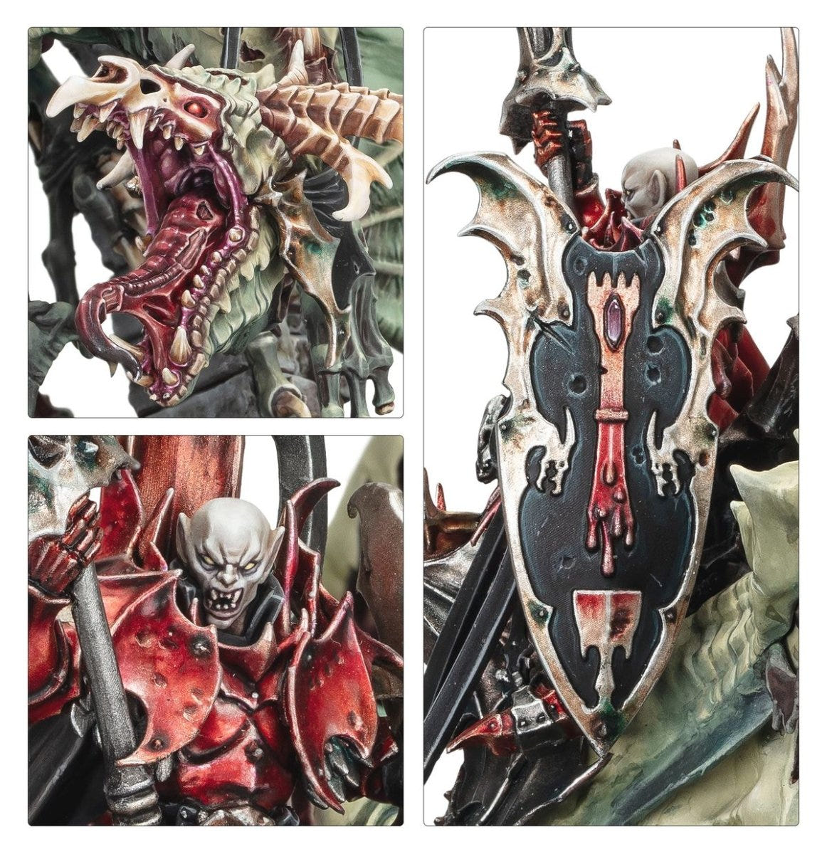 Soulblight Gravelords Prince Vhordrai close-ups of the snarling dragon head, vampire face and ornate shield