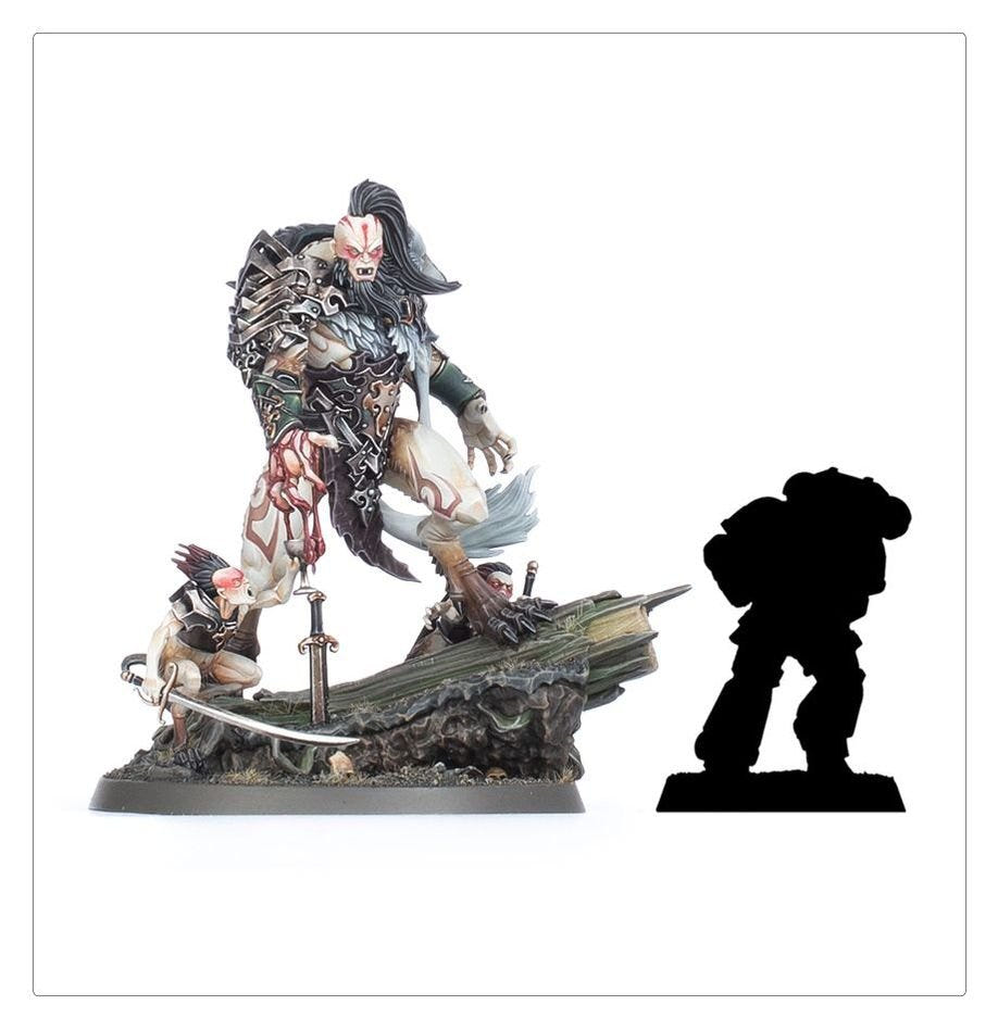 Painted Radukar the Beast beside a Space Marine silhouette for scale comparison