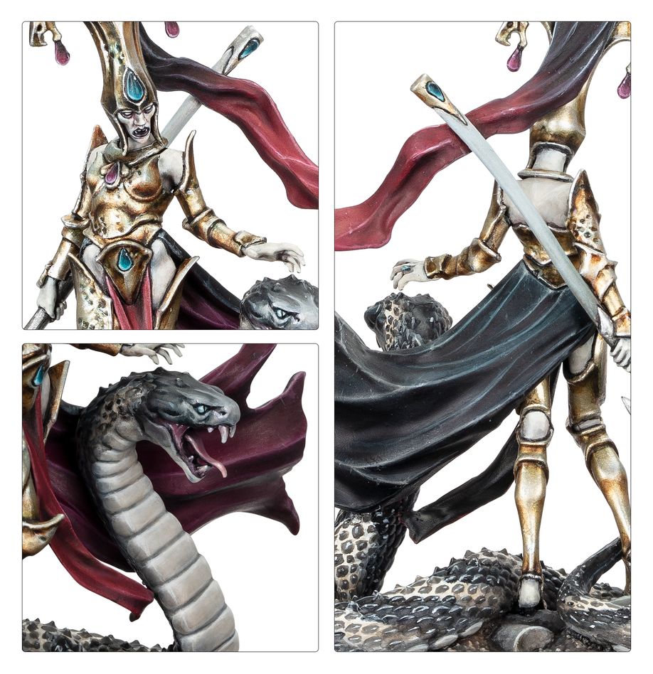 Close-ups of painted Sekhar: ornate headdress, serpent Ouboroth's head, glaive and cloak