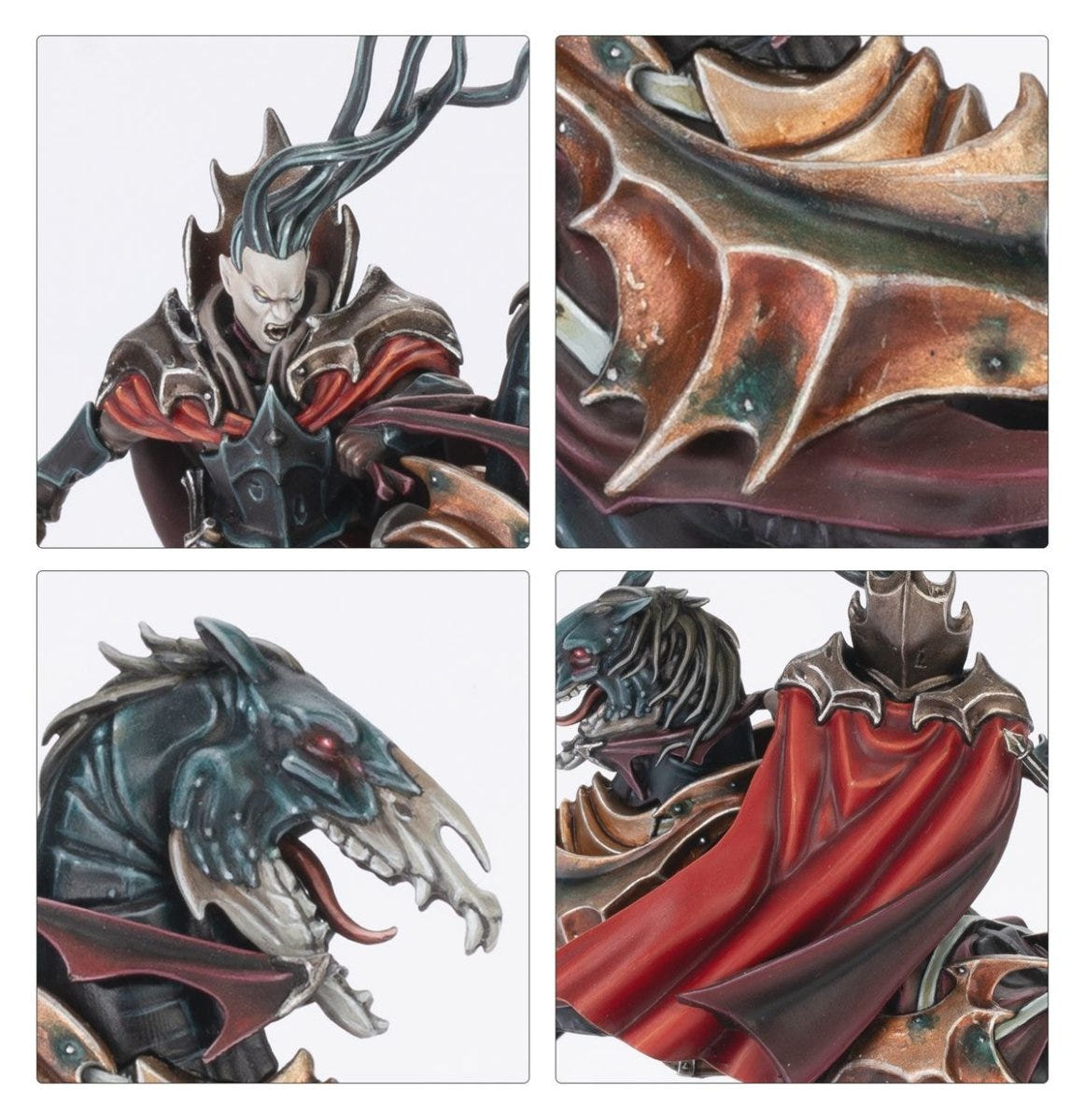 Close-ups of the Vampire Lord's pale face and crest, bat-wing armour, Nightmare Steed head and red cloak