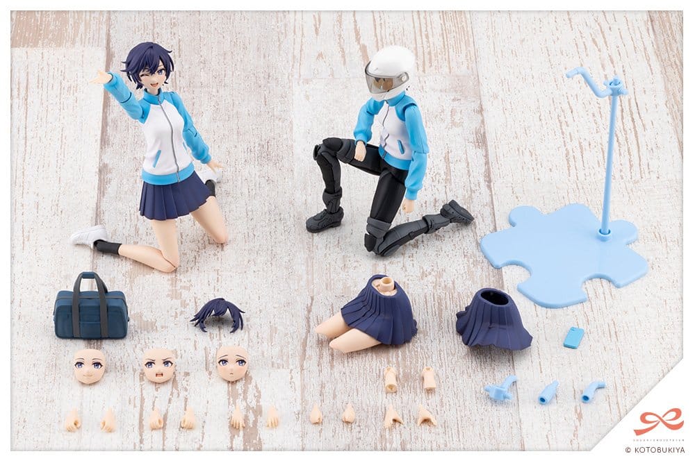 Rui Saotome Tracksuit kit contents laid out with riding body, helmet, faces, skirts and stand