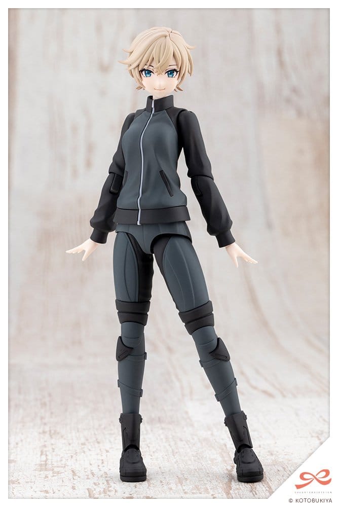 Rui Saotome Midnight Onyx kit in full black riding suit, standing front view