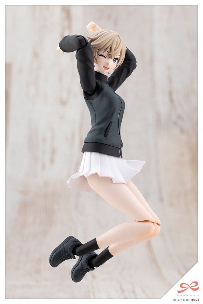 Rui Saotome Midnight Onyx model kit mid-jump with winking face and hand behind head