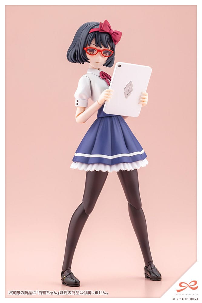 Snow White kit wearing red glasses and holding a white tablet