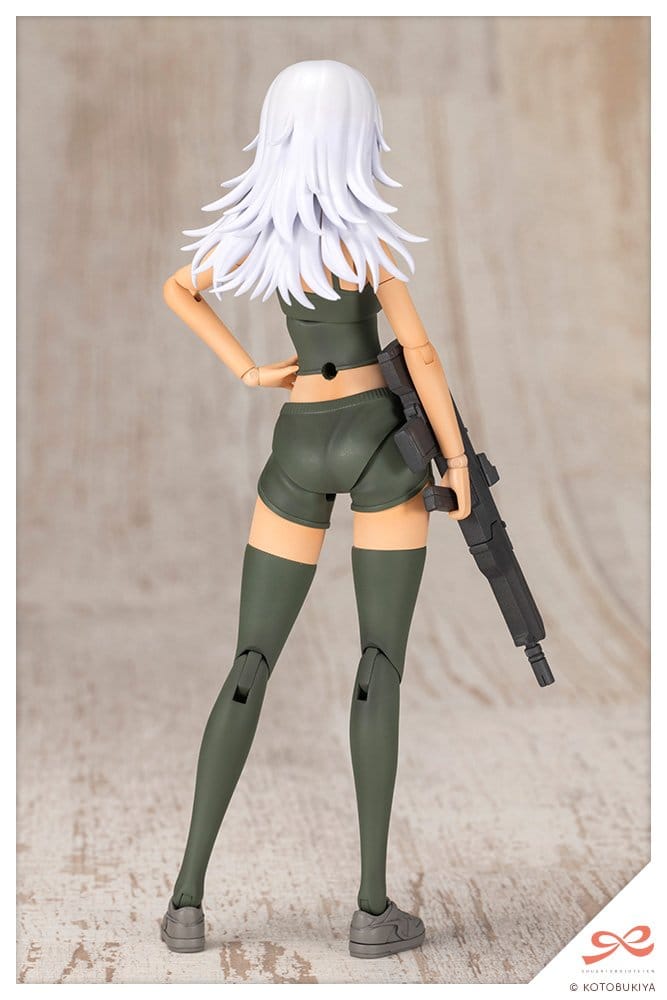 Training Wolf kit rear view with white hair, thigh-high socks and rifle