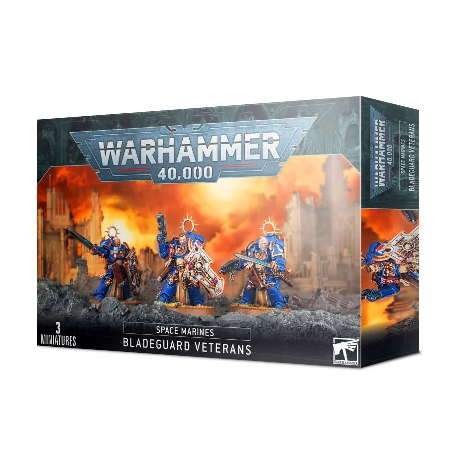 Games Workshop Warhammer 40,000 Space Marines Bladeguard Veterans box front with three armoured knights