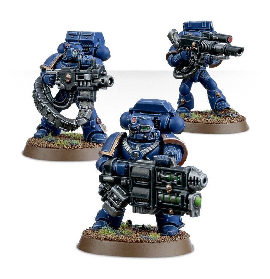 Three painted blue Devastators with a heavy bolter, missile launcher and grav-cannon