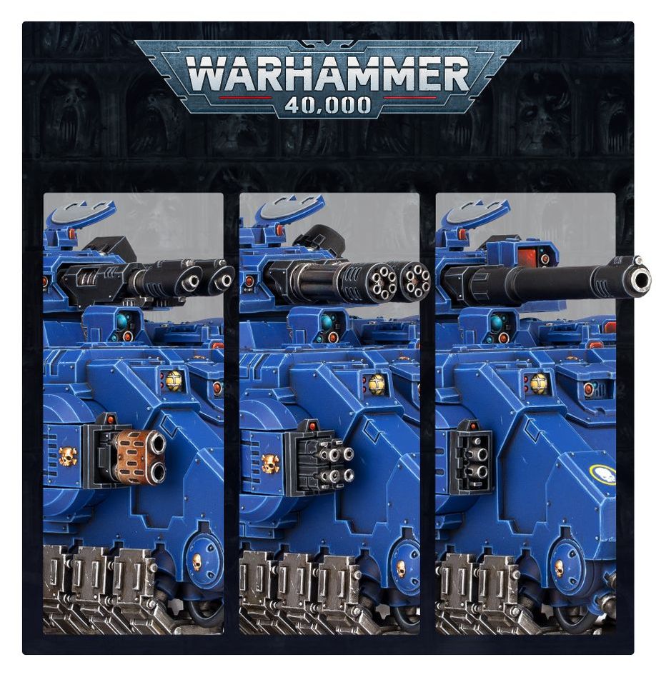 Side-by-side comparison of the three painted Space Marines Gladiator turret weapon options, Games Workshop
