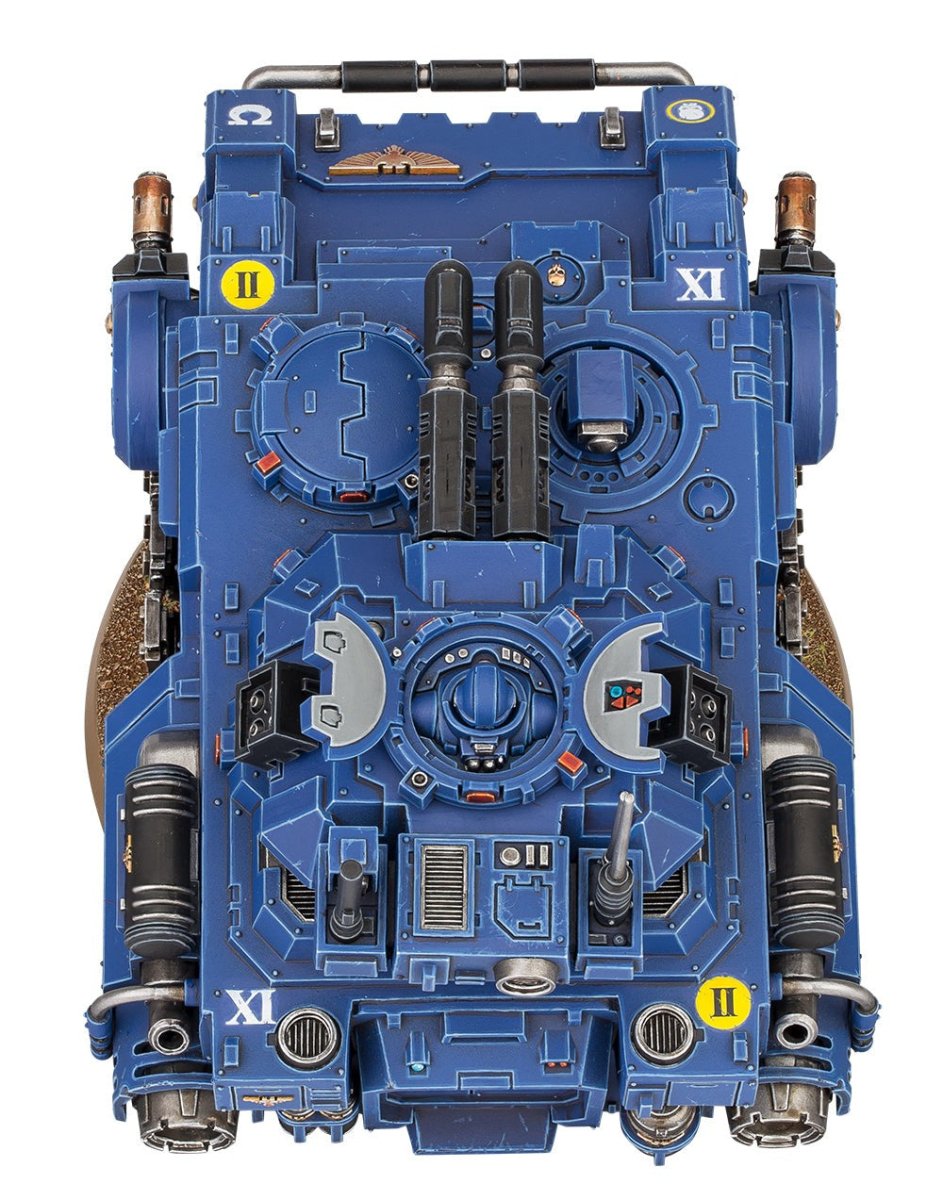 Painted Space Marines Gladiator tank viewed from above showing hull and turret detail, Games Workshop