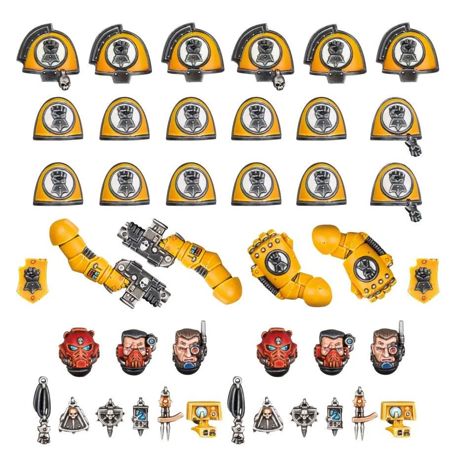 Painted Imperial Fists upgrade parts: yellow shoulder pads, fists, heads and wargear