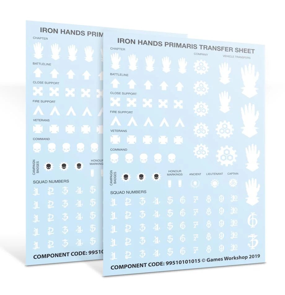 Two Iron Hands Primaris transfer sheets with white gauntlet icons and squad numerals