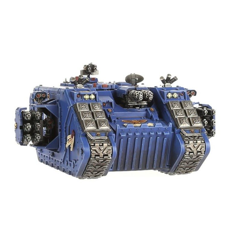 Painted Ultramarines Land Raider Crusader, front view with hurricane bolter sponsons and assault ramp