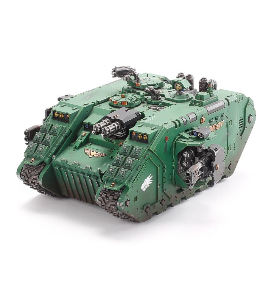 Painted Land Raider in green Dark Angels colours, three-quarter view