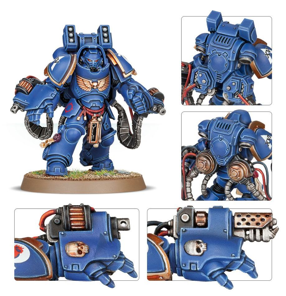 Primaris Aggressor with fragstorm launcher, plus close-ups of the backpack and gauntlet weapons