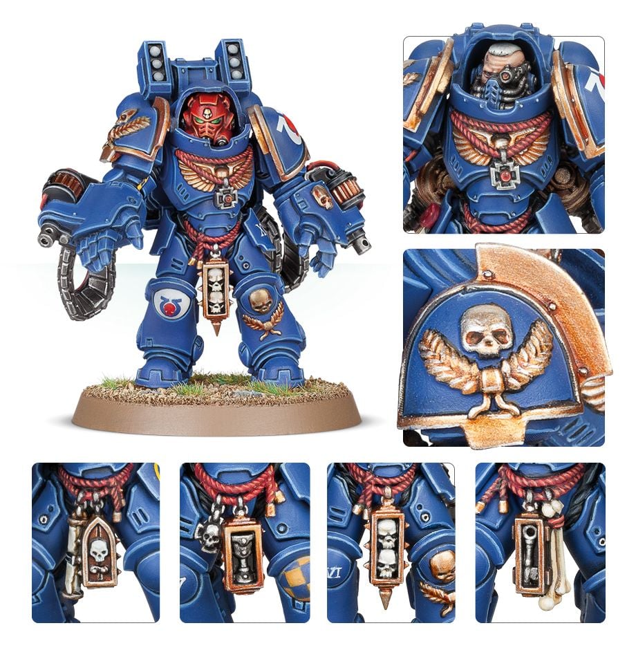 Painted Primaris Aggressor with close-ups of the helmet, shoulder pad and belt details