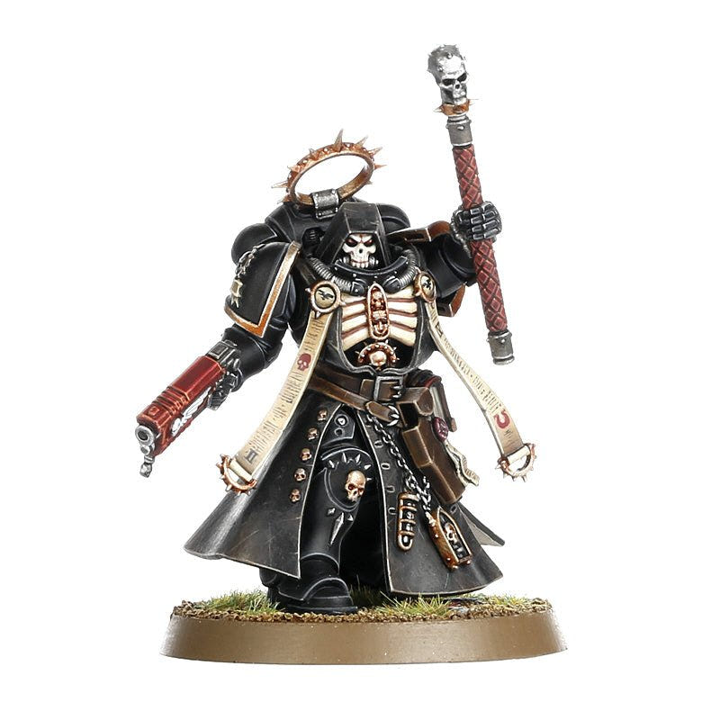 Painted Space Marines Primaris Chaplain with iron halo and skull-topped crozius, alternate shot