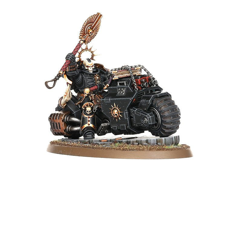 Painted Space Marines Primaris Chaplain on Bike, side-on view with skull helm