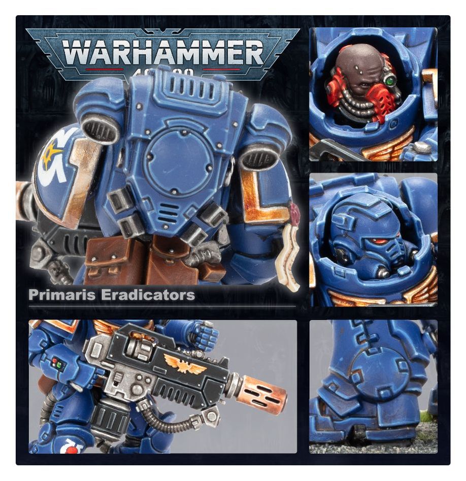 Close-ups of an Eradicator's armour, heads and melta rifle