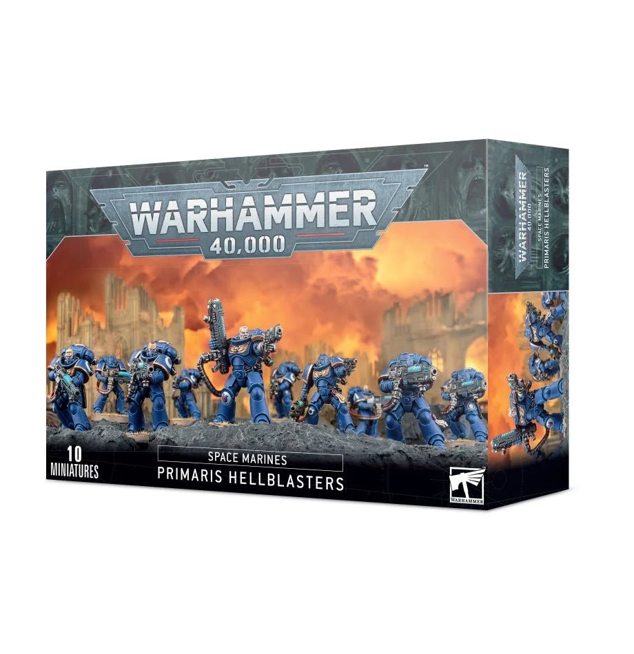 Games Workshop Space Marines Primaris Hellblasters box front showing ten blue Marines with plasma guns