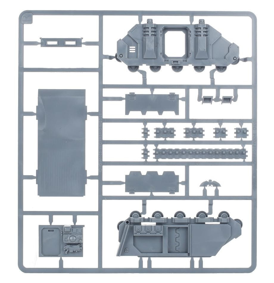 Space Marines Razorback unpainted plastic sprue, frame 2 of 4, with hull floor and track sections