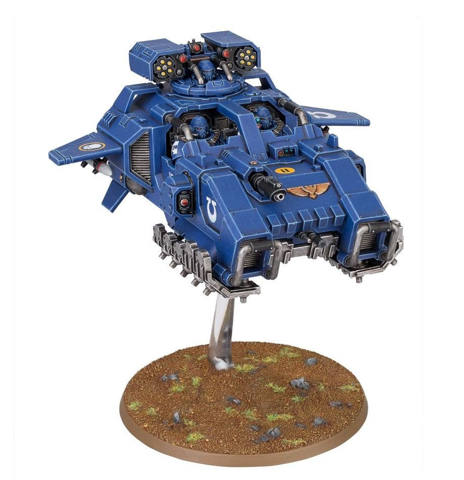 Blue Storm Speeder with turret weapons on a flying stem, side three-quarter view